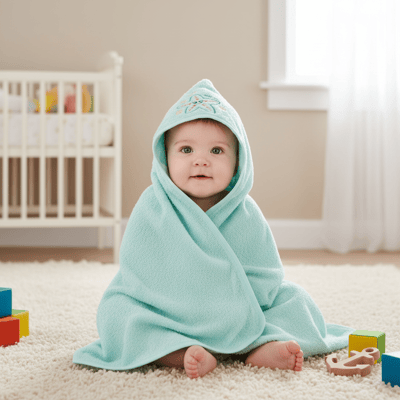 Unisex Yenidoğan Bebek Kapüşonlu Nakışlı Havlu